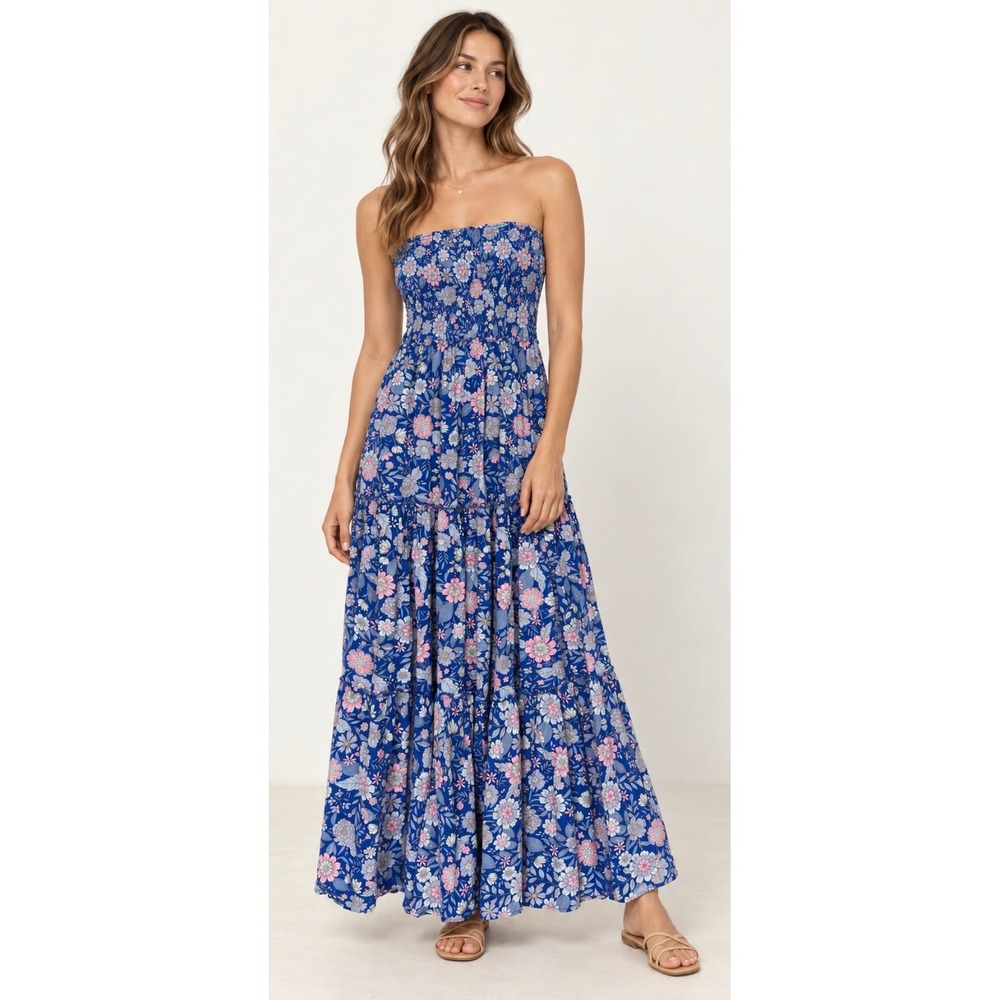 Abel The Label Blue Floral Strapless Smocked Tiered Maxi Dress XS Boho cottage